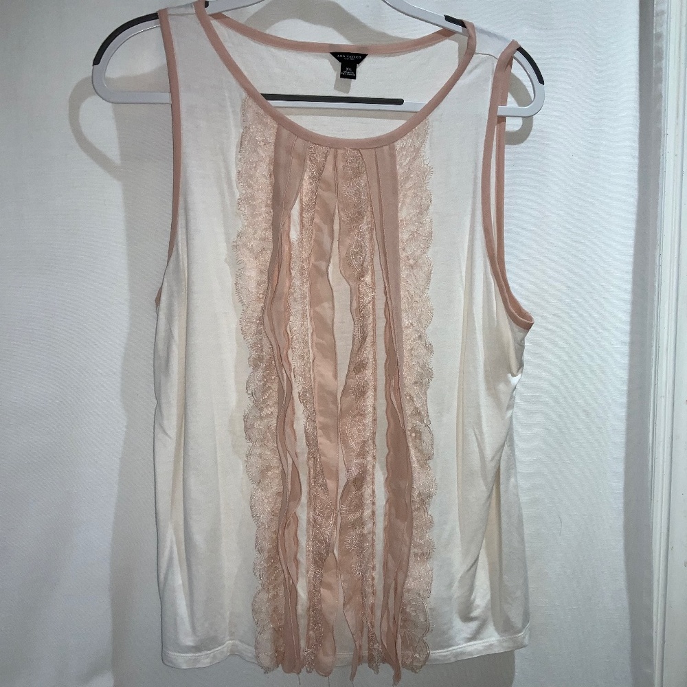 Ann Taylor lace trim inset top Sz XL sleeveless knit sheer mesh trim